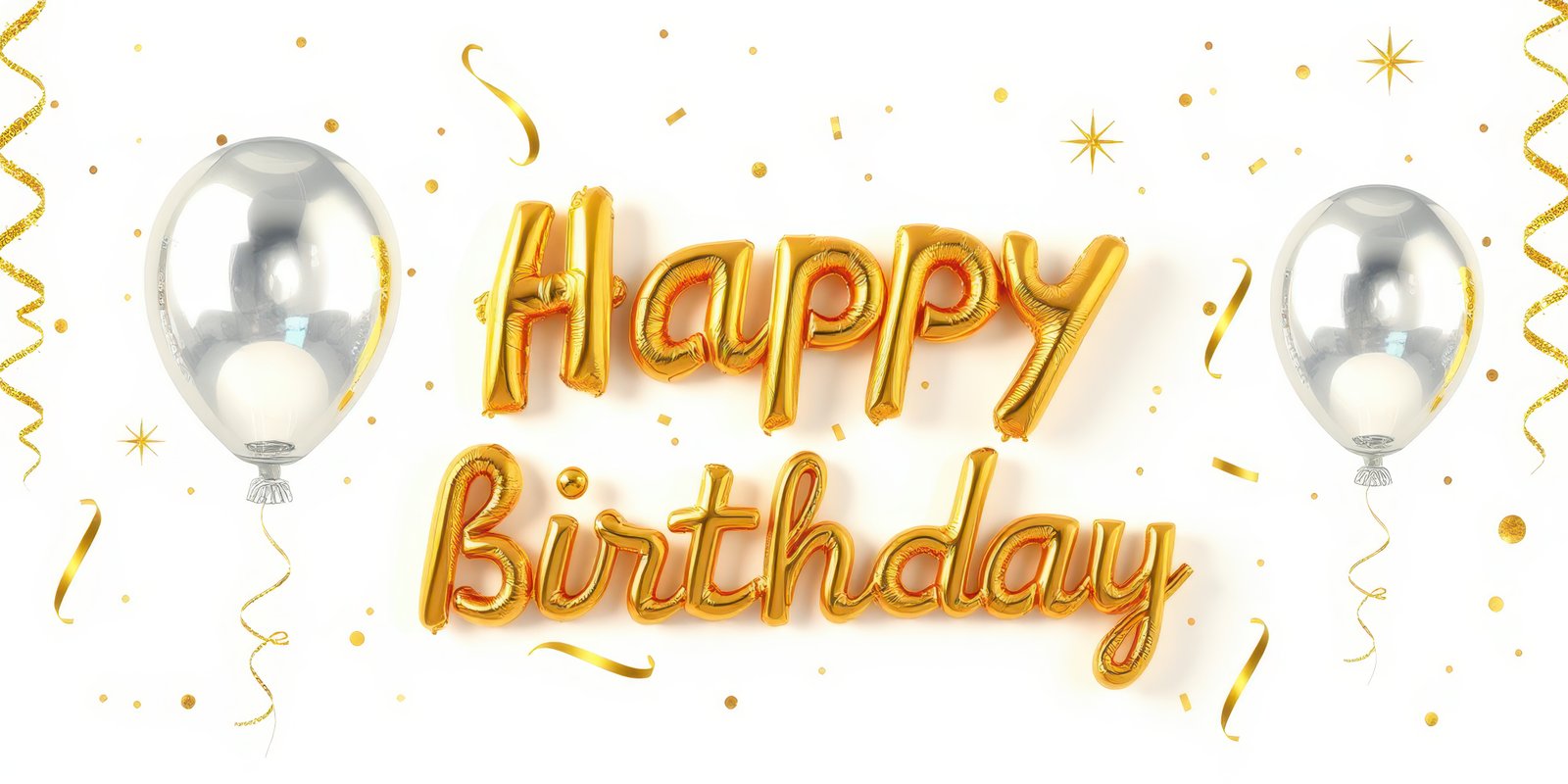 Happy birthday decorations with golden balloons and confetti ready to celebrate a joyful occasion